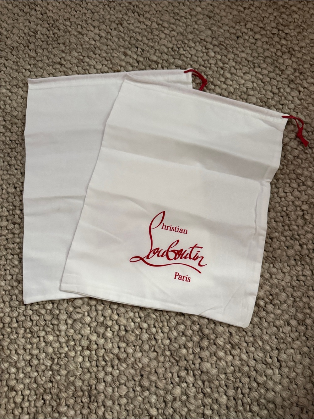 2 Authentic Christian Louboutin White Dust Bag Set with Red Logo Drawstring